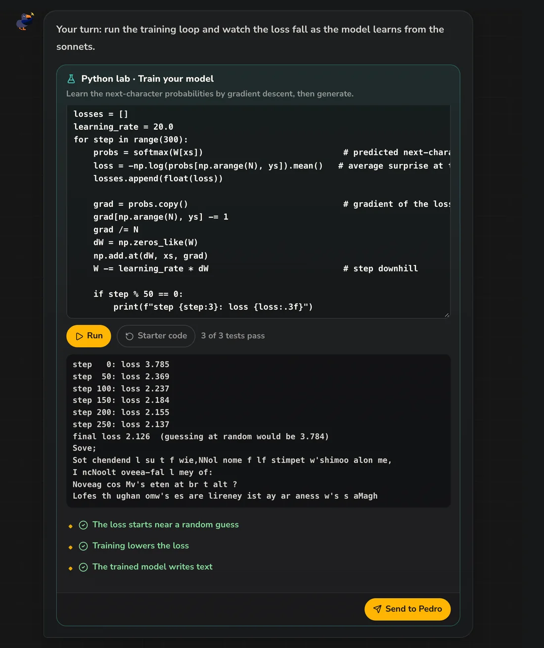 Python lab: a training loop running in the browser, the loss falling from 3.79 to 2.13, all three checks passing