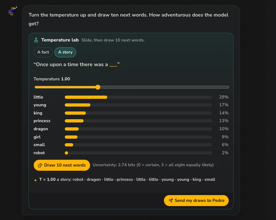 Temperature lab: probabilities for the next word of a story, and ten words drawn at temperature 1