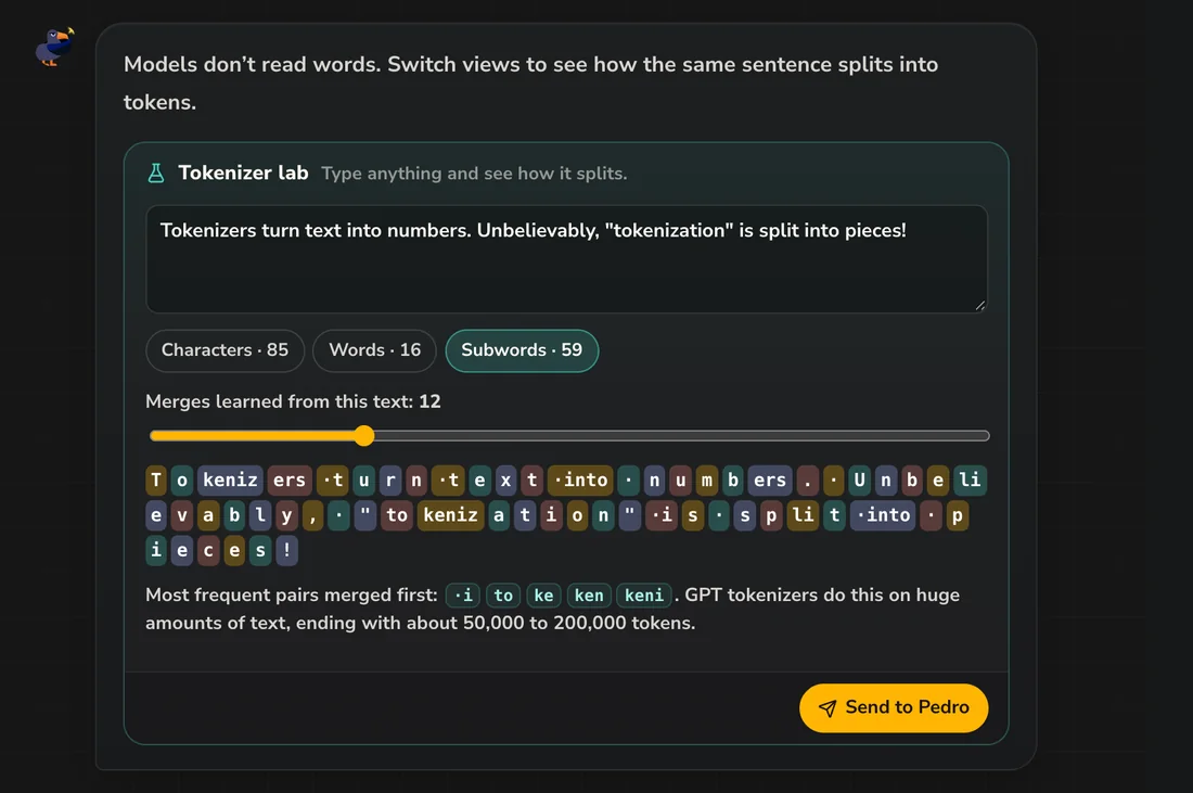 Tokenizer lab: a sentence split into subword tokens
