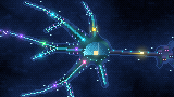 Pixel-art island shaped like a glowing neuron at night