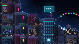 Pixel-art city at night with a glowing AI tower and a chat bubble