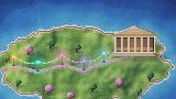 Pixel-art island with a temple and a path of glowing lanterns
