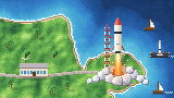 Pixel-art spaceport with a rocket lifting off beside the sea