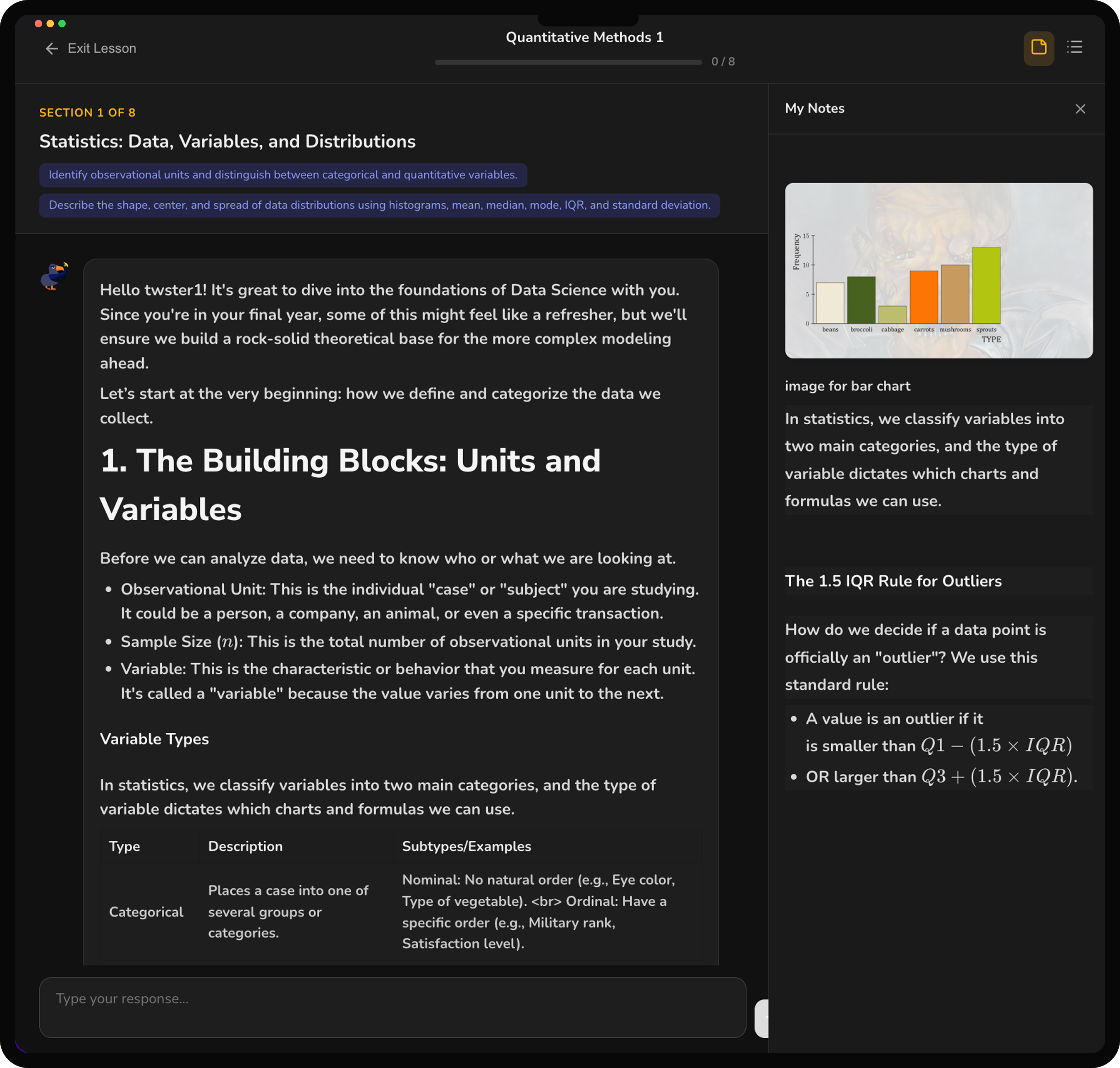 Coast platform showing a Quantitative Methods 1 lesson with My Notes panel open, displaying lecture charts and formulas